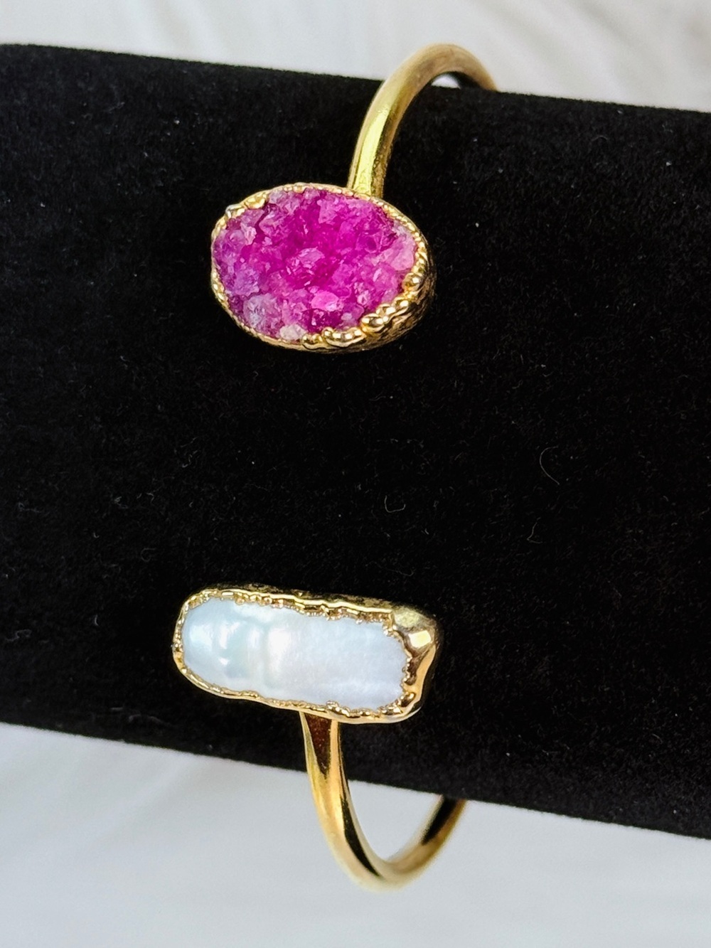 Elegant Goldtone and Pink Stone Faux Pearl minimalist cuff Bracelet